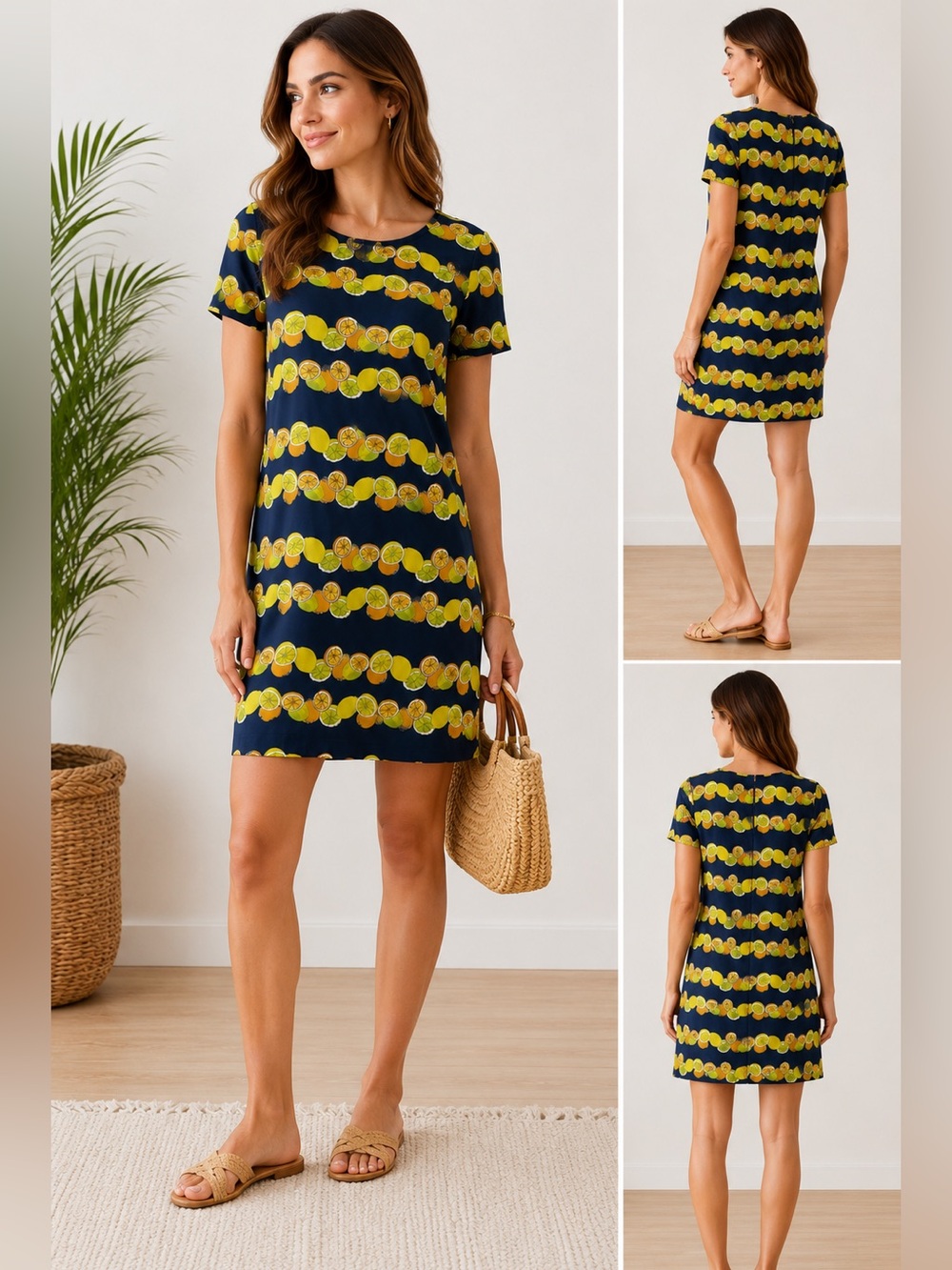 Banana Republic Citrus Print Shift Dress Lemon Lime Orange Navy Size 6